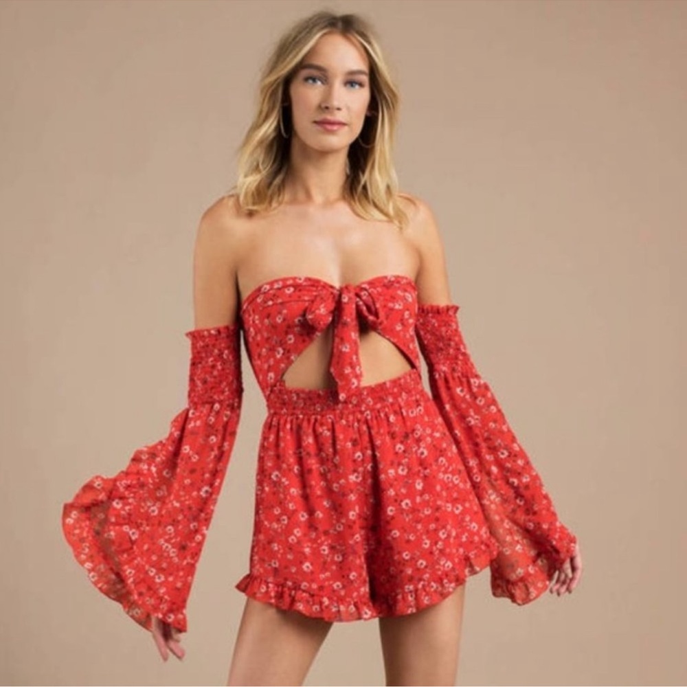 Tobi Off The Shoulder Tie Front Red Floral Romper